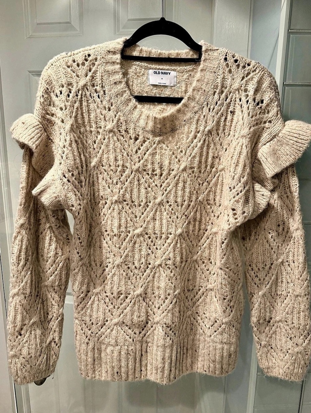 Old Navy Pointelle-Knit Ruffle Sleeve Sweater Cream Medium